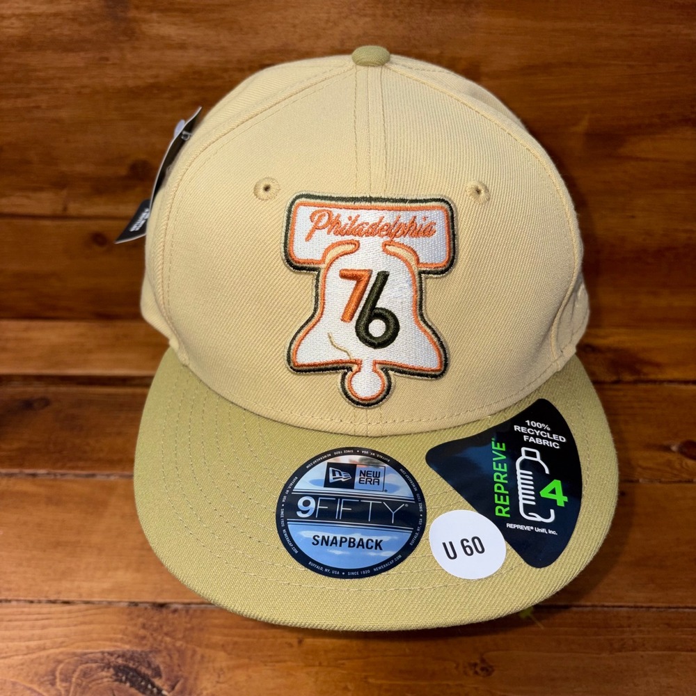New Era Philadelphia 76ers Hat Mens OSFA Khaki 9FIFTY Snapback Repreve 1011266